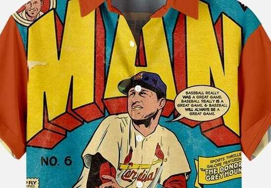 Baseball Comic Shirt – Men’s Vintage ‘Stan Musial’ Retro Print Half Sleeve Casual Button Down for Baseball Lovers and Summer Wear