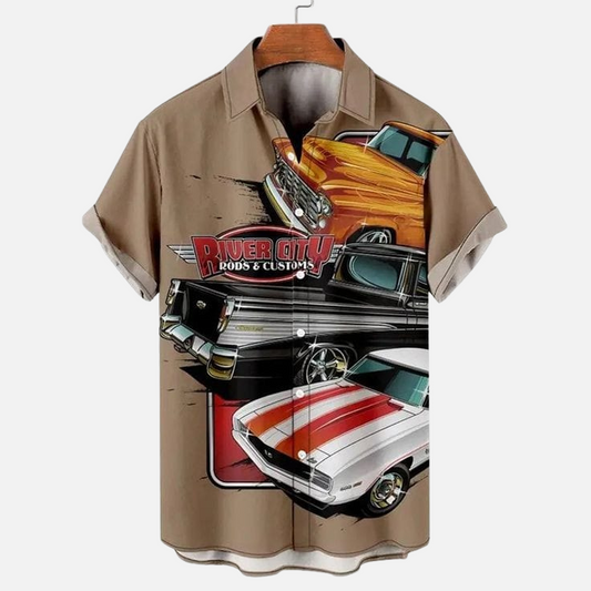 Classic Cars Graphic Shirt – Men’s River City Hot Rods and Custom Cars Print Half Sleeve Casual Button Down for Vintage Car Enthusiasts