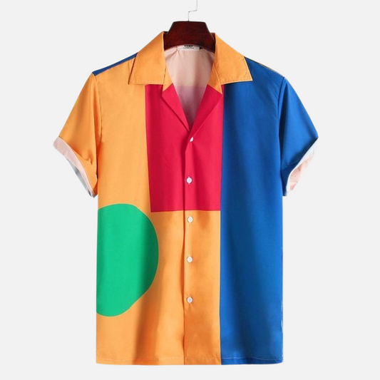 Men’s Bold Color Block Shirt – Vibrant Geometric Print Casual Half Sleeve Button Down for Street Style and Summer Fashion
