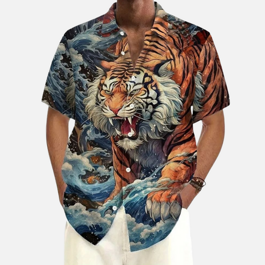 Roaring Tiger & Waves Print Shirt for Men – Stylish Graphic Button-Up Half Sleeve Perfect for Summer & Streetwear