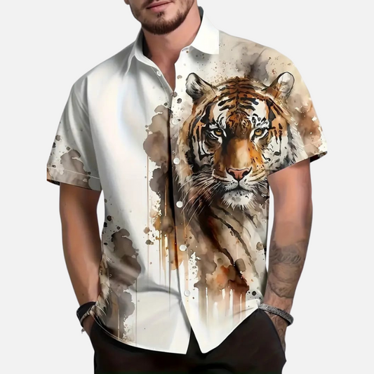 Men's Hand Painted Tiger Watercolor Shirt Unique Artistic Design, Casual Summer Button-Down Half Sleeve with Bold Tiger Print, Stylish and Comfortable Wear