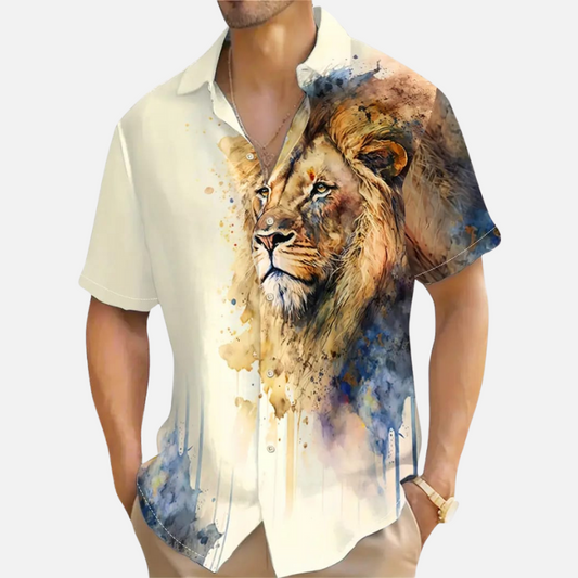 Bold Lion Face Print Shirt – Men’s Artistic Half Sleeve Casual Button Up with Jungle King Graphic for Parties, Travel and Summer Fashion
