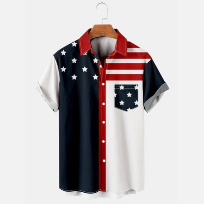 Men’s Stars and Stripes Shirt – American Flag Inspired Casual Half Sleeve Button-Up Fashion Top for Summer and Festive Occasions