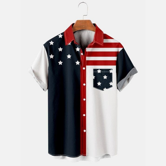 Men’s Stars and Stripes Shirt – American Flag Inspired Casual Half Sleeve Button-Up Fashion Top for Summer and Festive Occasions