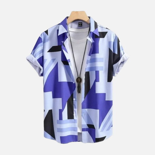 Men’s Modern Art Geometric Print Shirt – Unique Blue, White and Black Pattern Casual Half Sleeve Summer Fashion Top