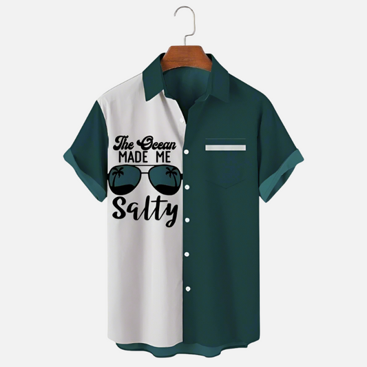 Men’s Ocean Inspired Shirt – Funny Vacation Quote The Ocean Made Me Salty Print Half Sleeve Button Down for Casual Wear