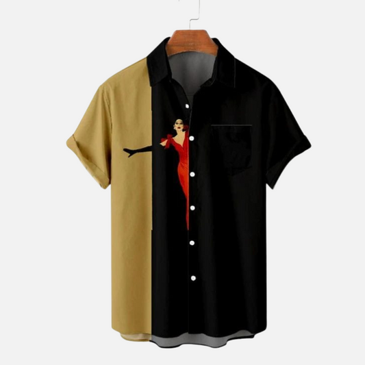 Unique Black and Beige Shirt for Men – Chic Red Dress Graphic, Casual Half Sleeve Button-Down, Perfect for Day and Night Wear
