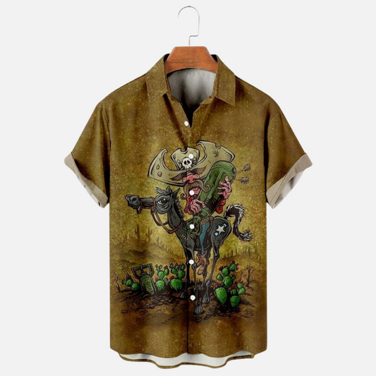 Men’s Artistic Cowboy Skeleton Print Half Sleeve Shirt – Western Style Casual Button-Up with Skull Rider and Cactus Design