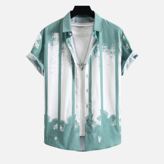 Men’s Modern Layered Look Shirt – Stylish Palm Tree Print Half Sleeve Casual Button Down for Vacations, Parties and Everyday Fashion