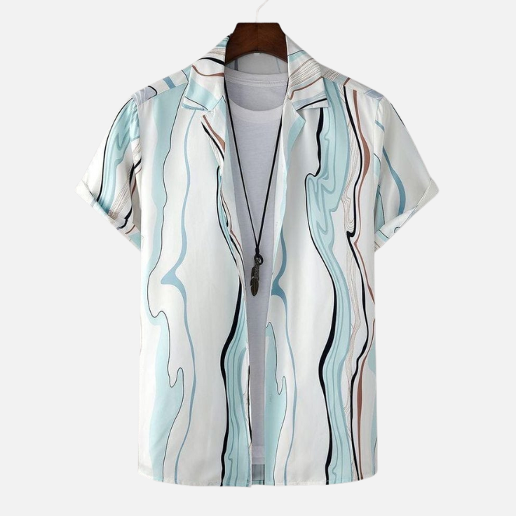 Trendy Men’s Artistic Wavy Line Design Shirt – Modern Casual Half Sleeve Button-Down for Summer and Beachwear