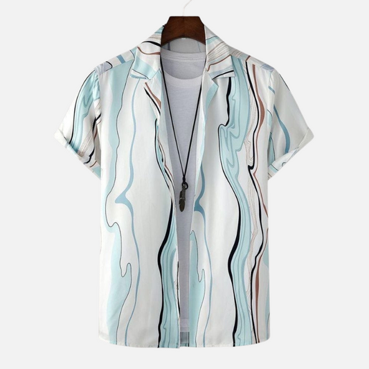 Trendy Men’s Artistic Wavy Line Design Shirt – Modern Casual Half Sleeve Button-Down for Summer and Beachwear