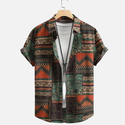 Unique Men’s Tribal Geometric Print Shirt – Casual Half Sleeve Button-Up with Vibrant Patterns and Earthy Colors