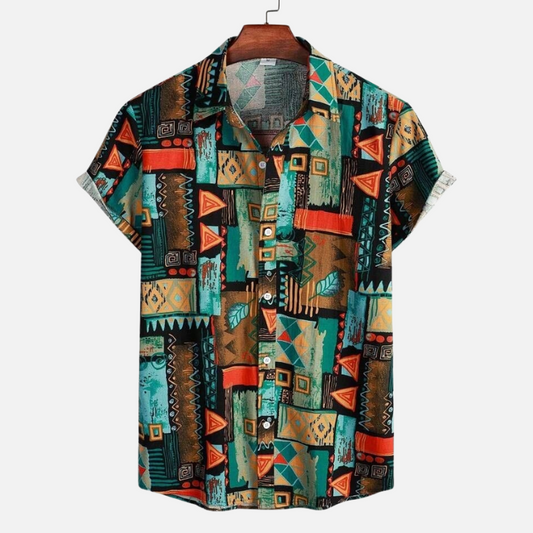 Stylish Tribal Geometric Print Shirt for Men – Vibrant Colorful Half Sleeve Button-Up, Perfect for Beach and Street Style