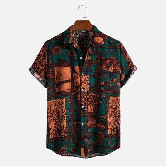 Trendy Men’s Floral Shirt – Earthy Green and Orange Vintage Floral Print Casual Half Sleeve Button-Down Fashion