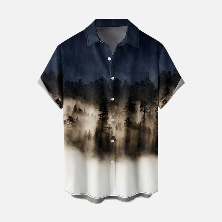 Men’s Landscape Art Print Shirt – Casual Half Sleeve Button Up with Misty Forest and Mountain Design for Travel, Summer and Outdoor Style