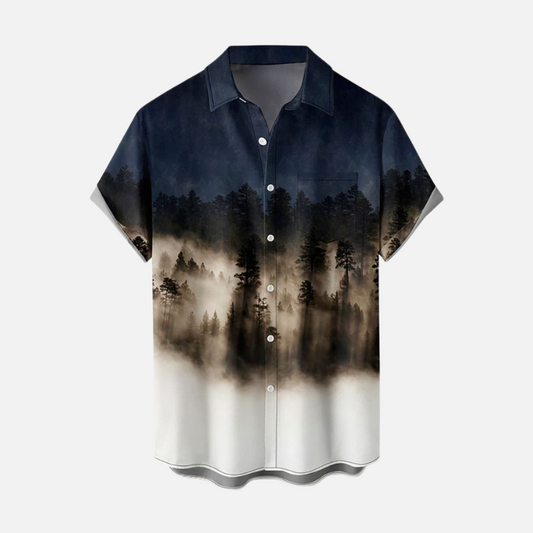Men’s Landscape Art Print Shirt – Casual Half Sleeve Button Up with Misty Forest and Mountain Design for Travel, Summer and Outdoor Style