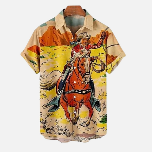 Men’s Cowboy Riding Horse Print Shirt – Retro Western Rodeo Graphic Half Sleeve Button Down Casual Wear for Summer and Travel