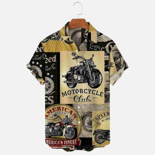 American Biker Motorcycle Print Shirt – Men’s Vintage Style Half Sleeve Button Up Casual Wear for Riders, Summer Outings and Festivals