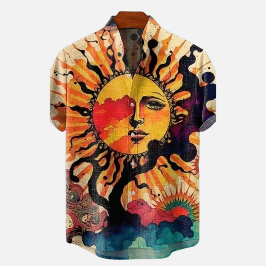 Boho Sun Face Print Shirt – Men’s Colorful Abstract Art Half Sleeve Casual Button Up with Sun, Clouds and Artistic Design for Summer