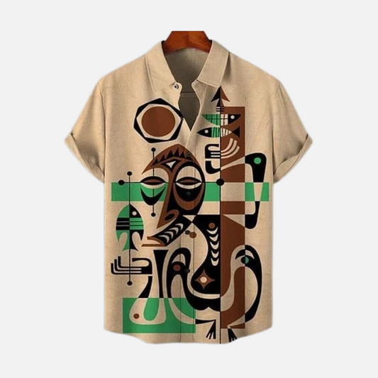 Cultural Tribal Shirt – Men’s African Abstract Print Half Sleeve Button Down with Bold Geometric Shapes for Street Style and Summer Wear