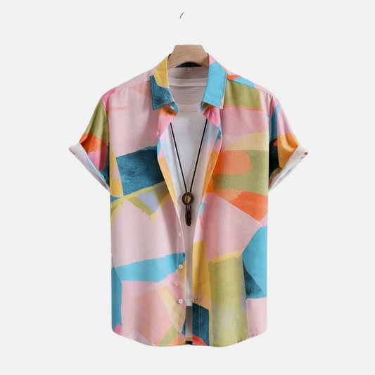 Vibrant Abstract Art Shirt – Men’s Casual Half Sleeve Button Down with Colorful Geometric Shapes Print for Parties and Summer Fashion