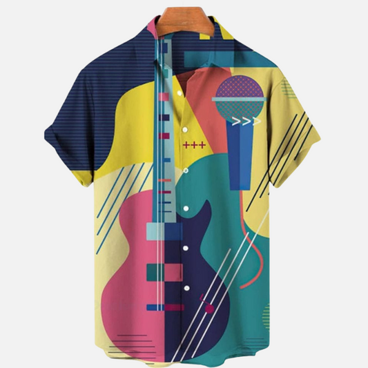 Trendy Music Lover’s Shirt – Vibrant Guitar and Microphone Print Half Sleeve Casual Button Down with Geometric Art Design for Summer Parties