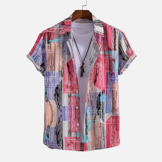Trendy Abstract Print Shirt – Men’s Casual Half Sleeve Button Up with Vibrant Geometric Shapes and Patterns for Summer and Vacations