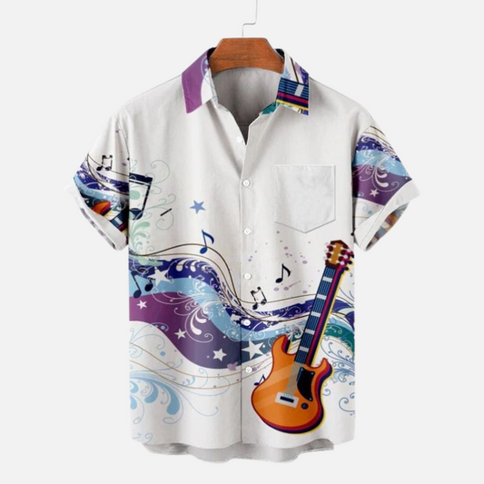 Stylish Guitar Print Shirt – Men’s Half Sleeve Casual Button Down with Colorful Music and Guitar Design for Vacations and Streetwear