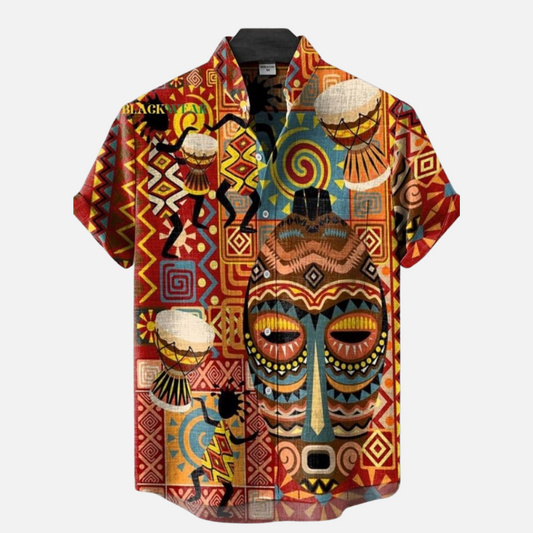 Ethnic Tribal Print Shirt – Men’s Colorful African Face and Geometric Pattern Half Sleeve Casual Button Down for Summer and Festivals
