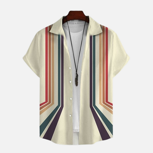 Retro Color Stripe Casual Shirt – Men’s Vintage Inspired Half Sleeve Button Down with Bold Geometric Print for Summer and Street Style