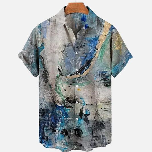 Men’s Abstract Art Print Shirt – Stylish Half Sleeve Casual Button Down with Modern Artistic Watercolor Design for Summer and Streetwear