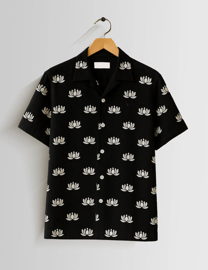 Black Small Lotus Printed Mens Half Sleeves Shirts - XPST