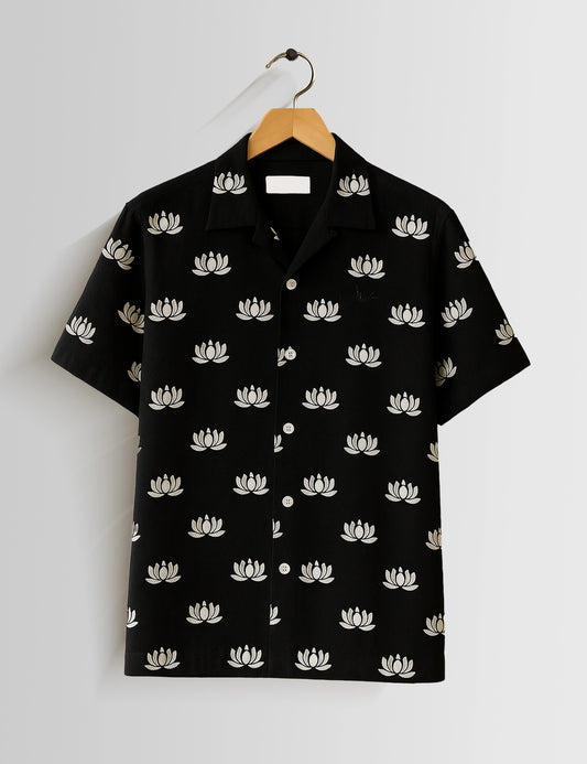 Black Small Lotus Printed Mens Half Sleeves Shirts - XPST