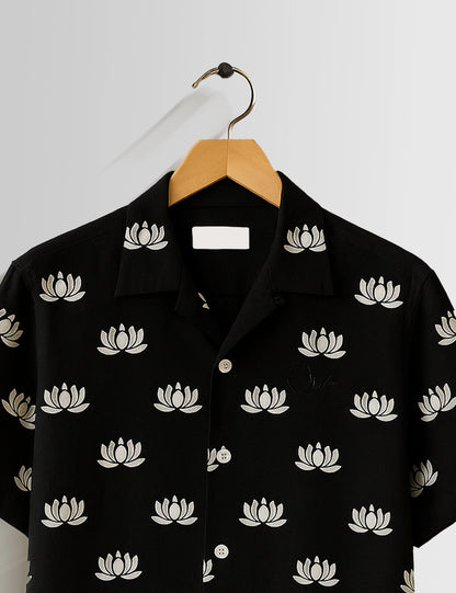 Black Small Lotus Printed Mens Half Sleeves Shirts - XPST