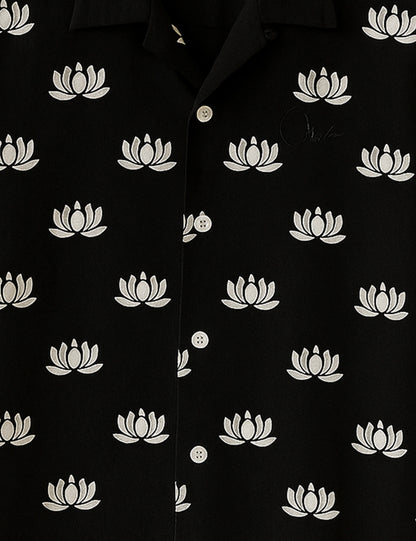 Black Small Lotus Printed Mens Half Sleeves Shirts - XPST