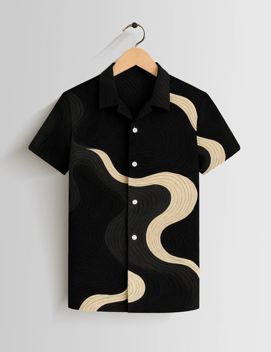 Black Wavy Printed Mens Half Sleeves Shirts - XPST