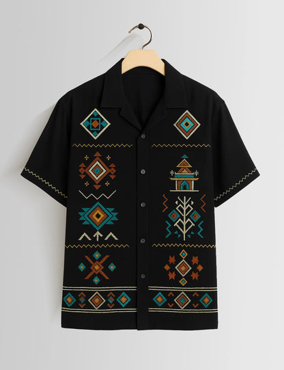 Black Square Pattern Printed Mens Half Sleeves Shirts - XPST