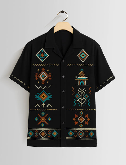 Black Square Pattern Printed Mens Half Sleeves Shirts - XPST