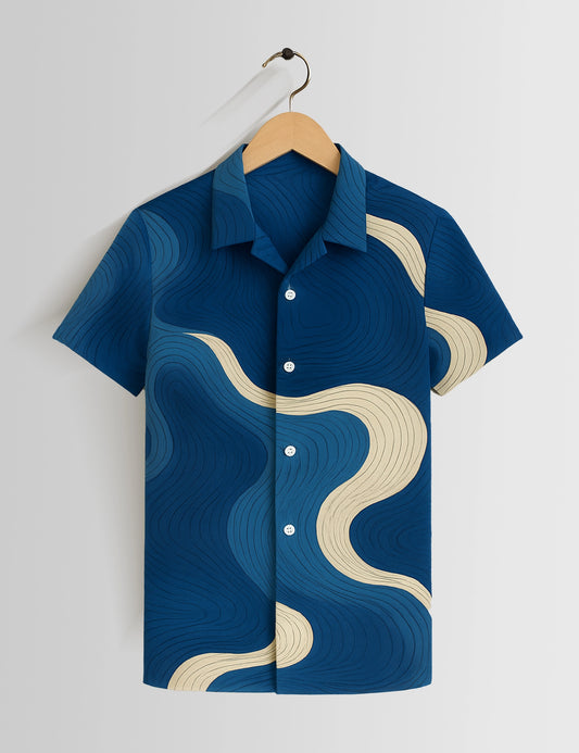 Blue Wavy Pattern Printed Mens Half Sleeves Shirts - XPST