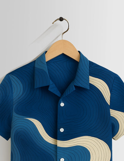 Blue Wavy Pattern Printed Mens Half Sleeves Shirts - XPST