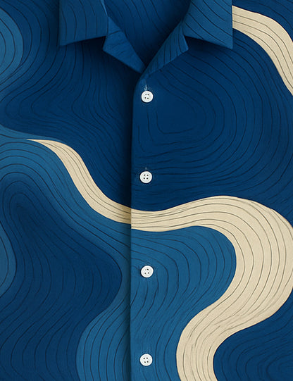 Blue Wavy Pattern Printed Mens Half Sleeves Shirts - XPST