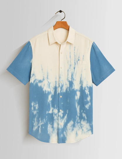 Blue White Shady Pattern Printed Mens Half Sleeves Shirts - XPST