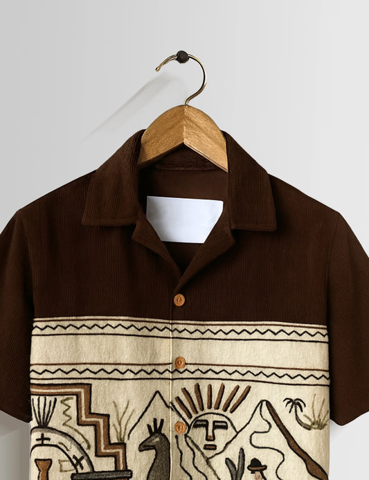 Brown Egyption Pattern Mens Half Sleeves Shirts - XPST