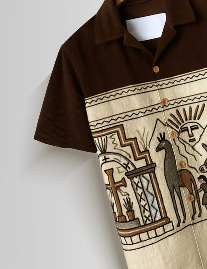 Brown Egyption Pattern Mens Half Sleeves Shirts - XPST