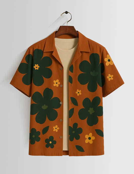 Brown Big Flower Printed Mens Half Sleeves Shirts - XPST