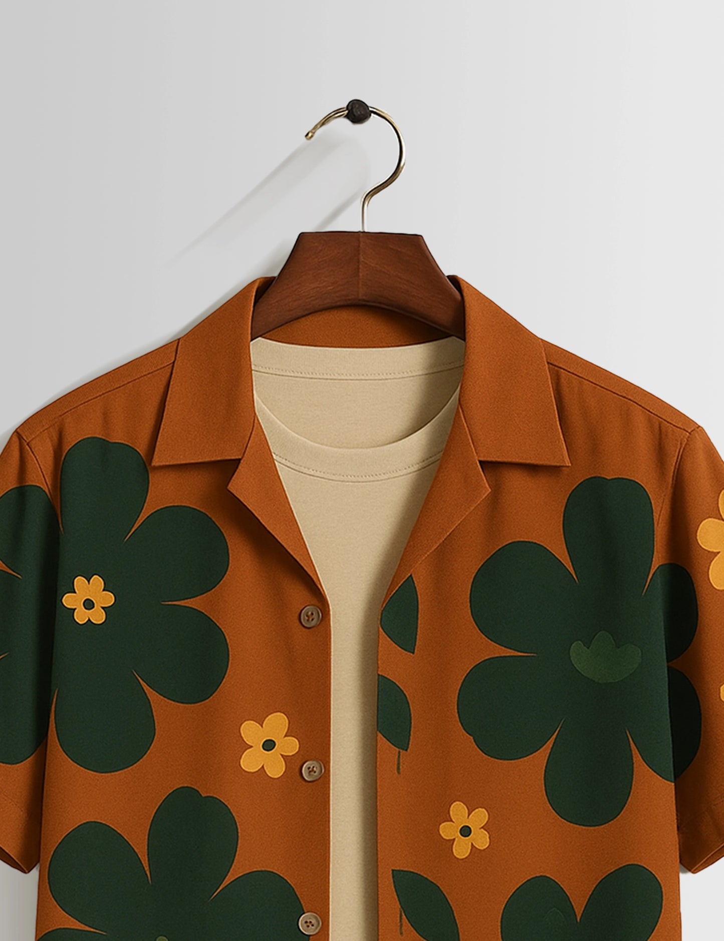 Brown Big Flower Printed Mens Half Sleeves Shirts - XPST