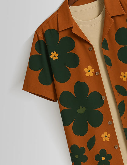 Brown Big Flower Printed Mens Half Sleeves Shirts - XPST