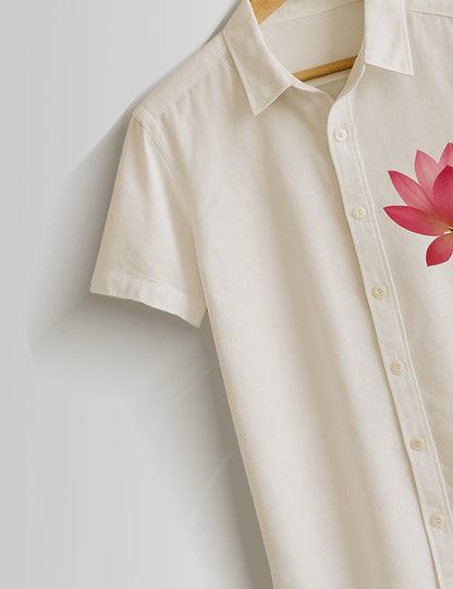 Cream Lotus Printed Mens Half Sleeves Shirts - XPST