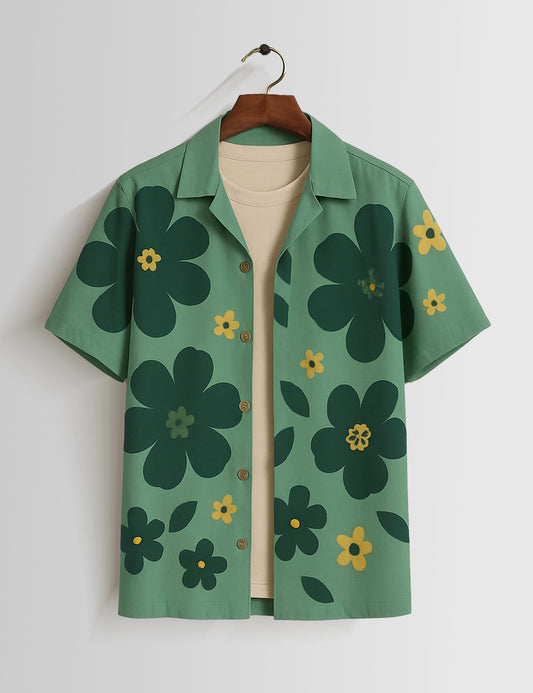 Green Big Flower Printed Mens Half Sleeves Shirts - XPST