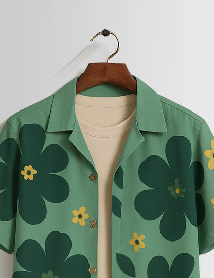 Green Big Flower Printed Mens Half Sleeves Shirts - XPST